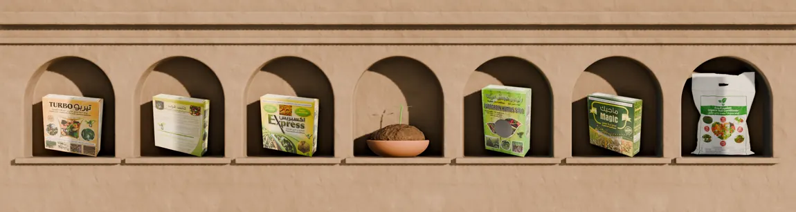 A lime-plastered wall at golden hour with seven arched niches, one product in each, and a clay bowl of soil with a seedling in the centre