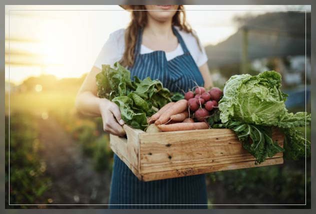 woman carrying organic vegetables and food