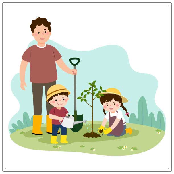 children plant trees with father